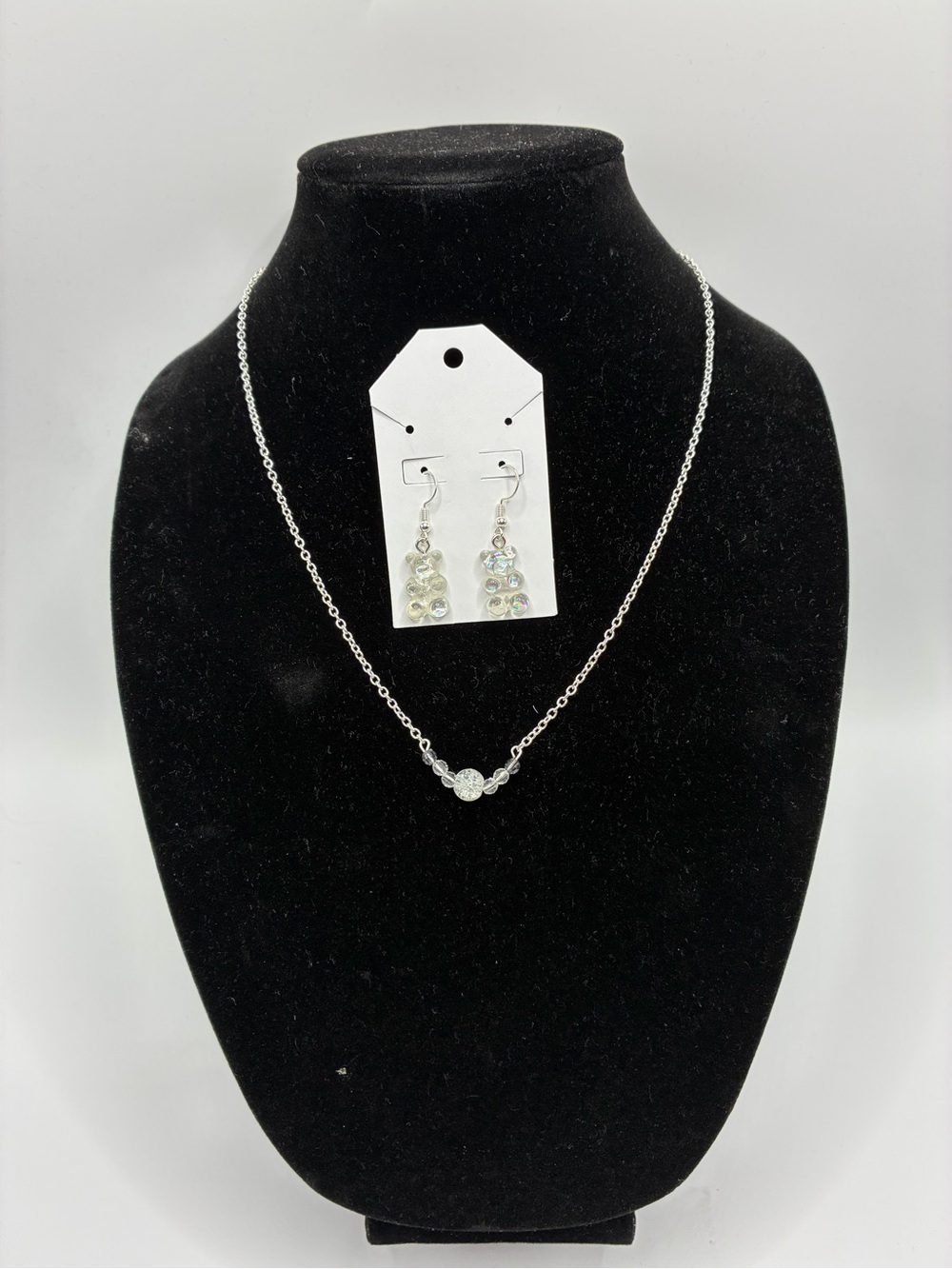 White Gummy Bear Earrings Set W/ 20” Necklace  Sterling Silver Plated - White